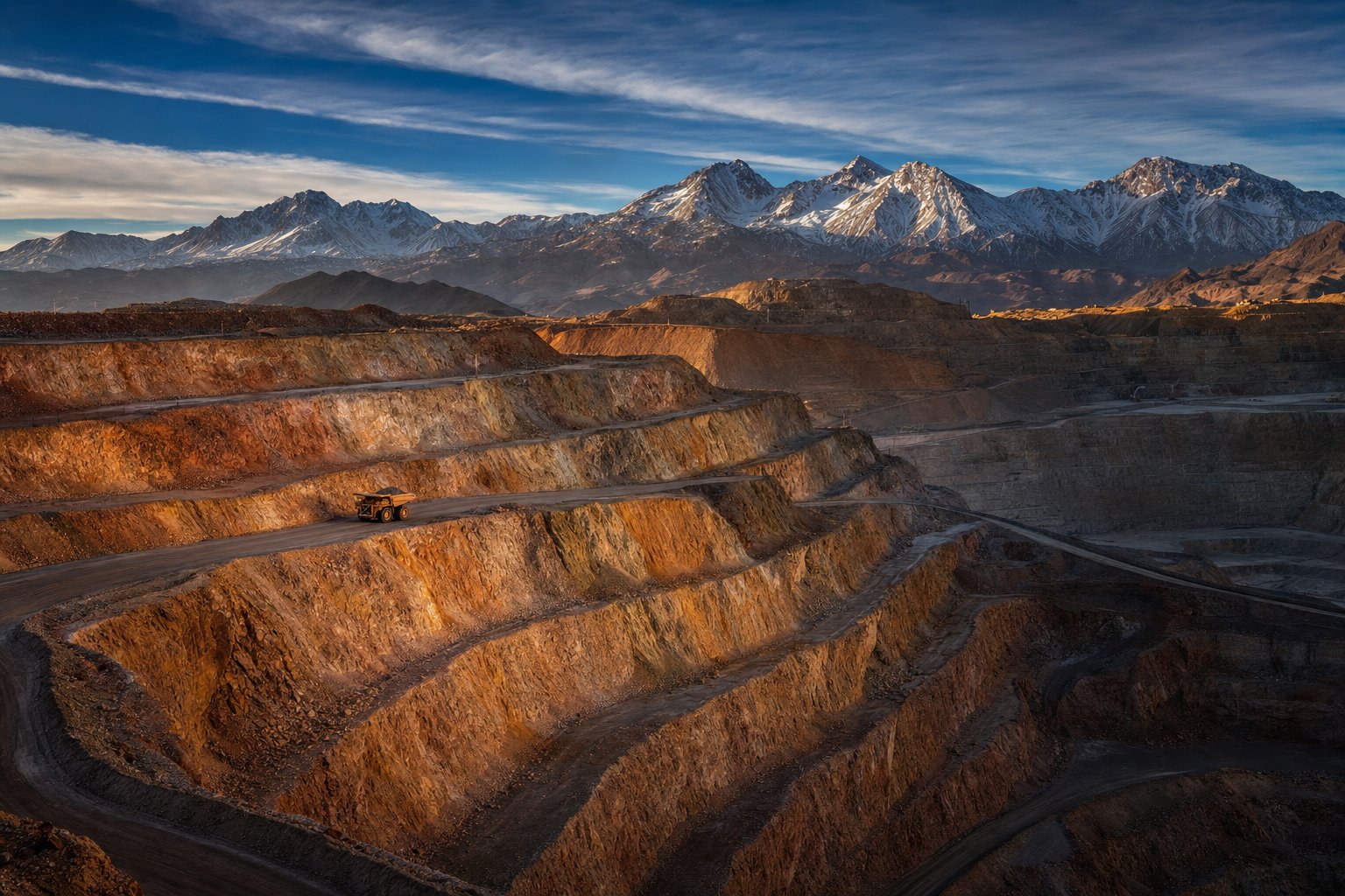Open-pit copper mine in the Andes at golden hour