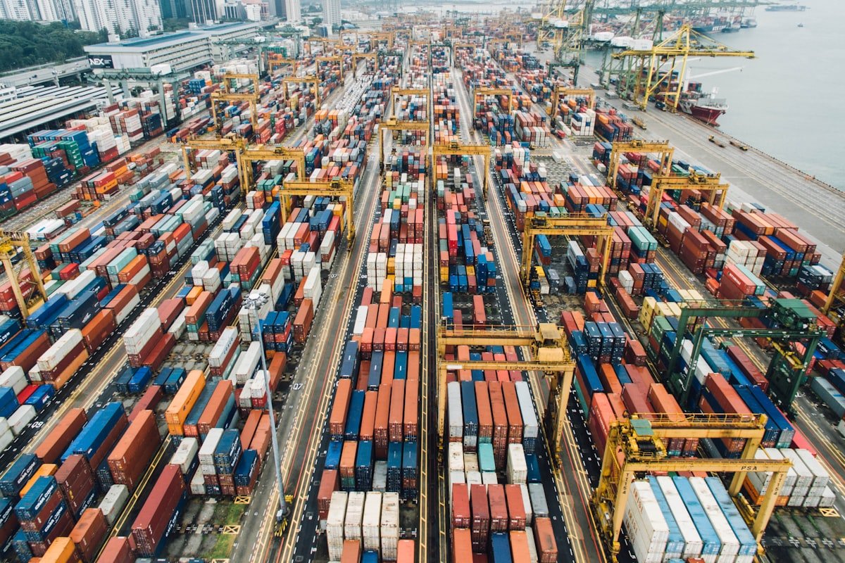Aerial view of a container shipping port