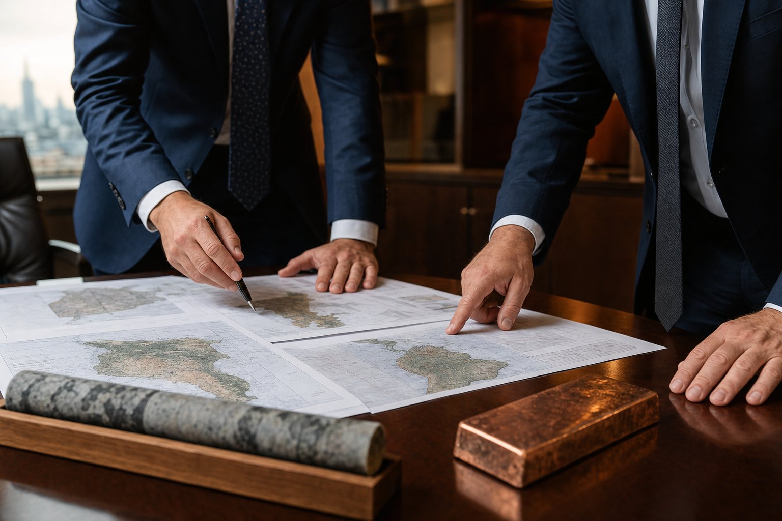 Two executives reviewing Latin America mining maps and copper samples