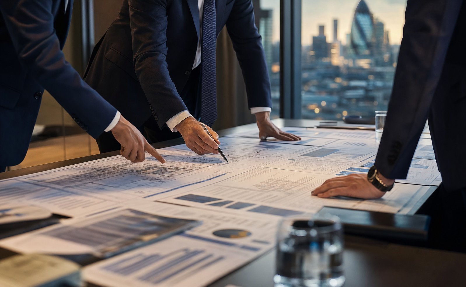 Executive team reviewing project documents in a London boardroom